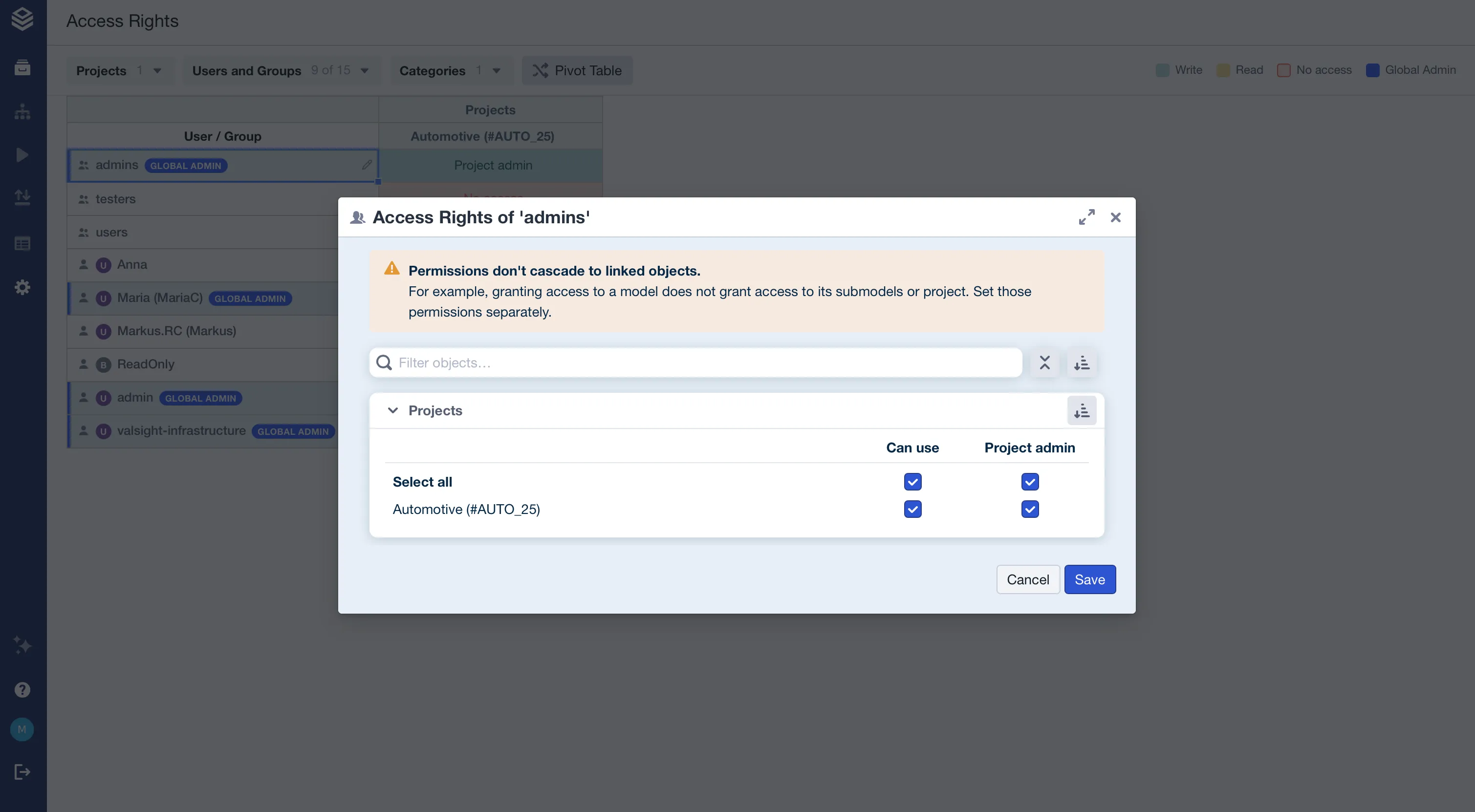 The per-holder editor dialog titled Access Rights of 'admins', with a "Permissions don't cascade to linked objects" warning, a filter box, and a collapsible Projects card listing objects with Can use and Project admin checkbox columns