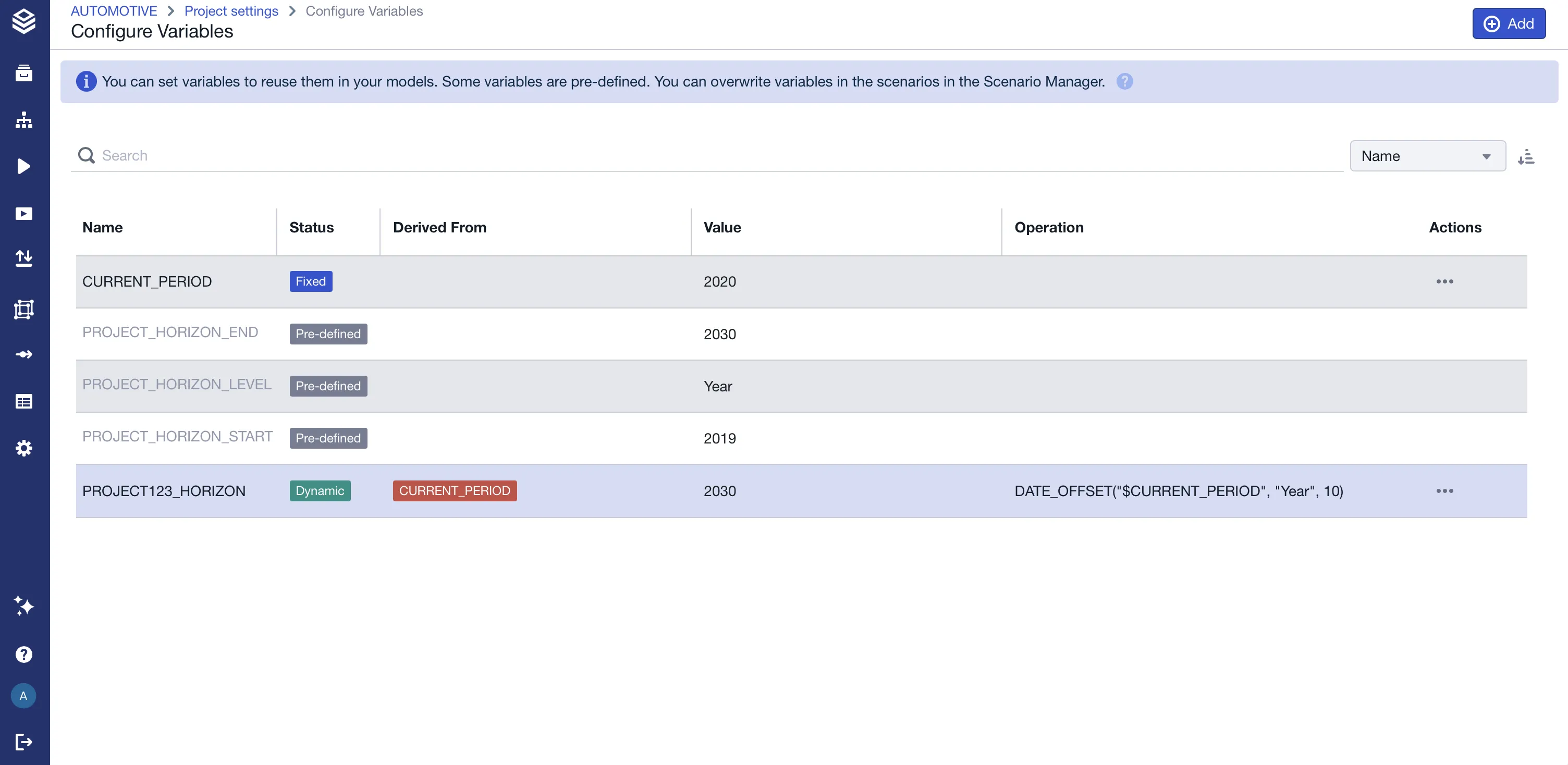 Configure dynamic project variables in the variable editor