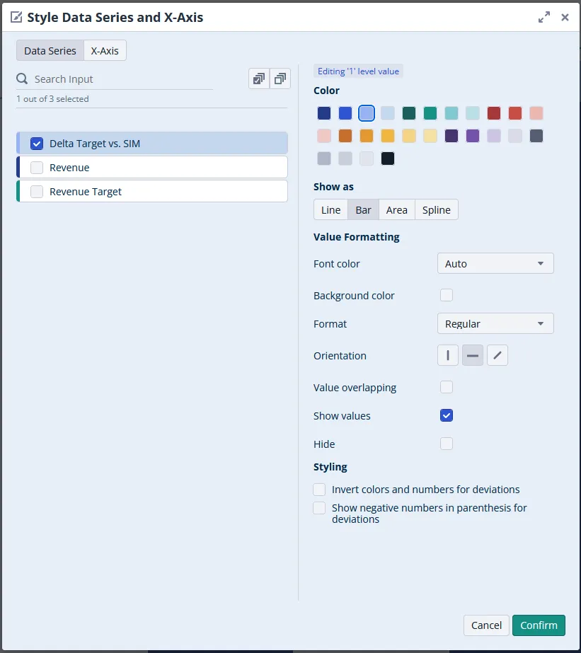The Data Series tab with one of three data series ticked and its properties on the right