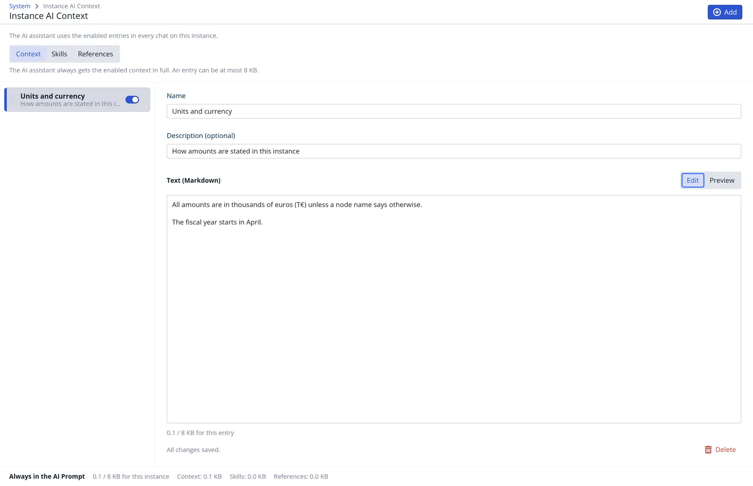 The Instance AI Context page with one enabled context entry and the Always in the AI Prompt meter at the bottom