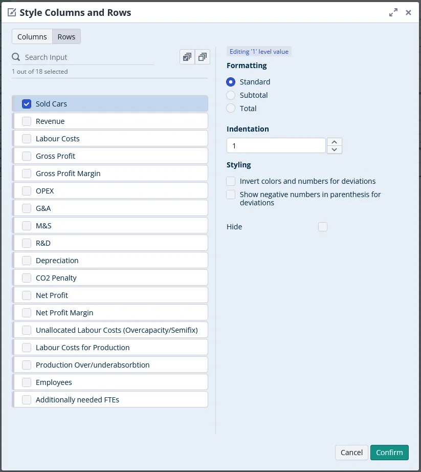 The Rows tab with the formatting options for the selected row